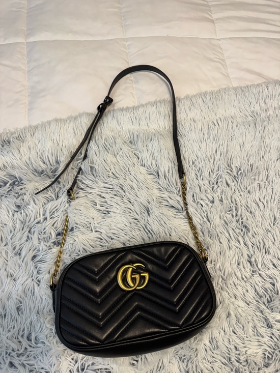 Gucci Handbags - Gucci Black GG Marmont Chevron Crossbody Bag with Gold Hardware